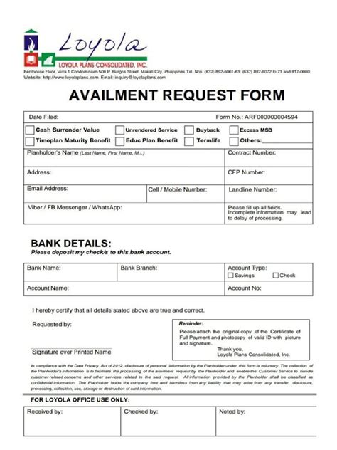 Loyola Availment Request Form.